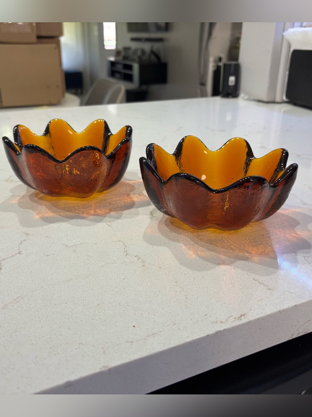 Vintage Blenko Amber Glass Lotus Bowls - Set of 2 (Willing to Separate) - Picture 3 of 7